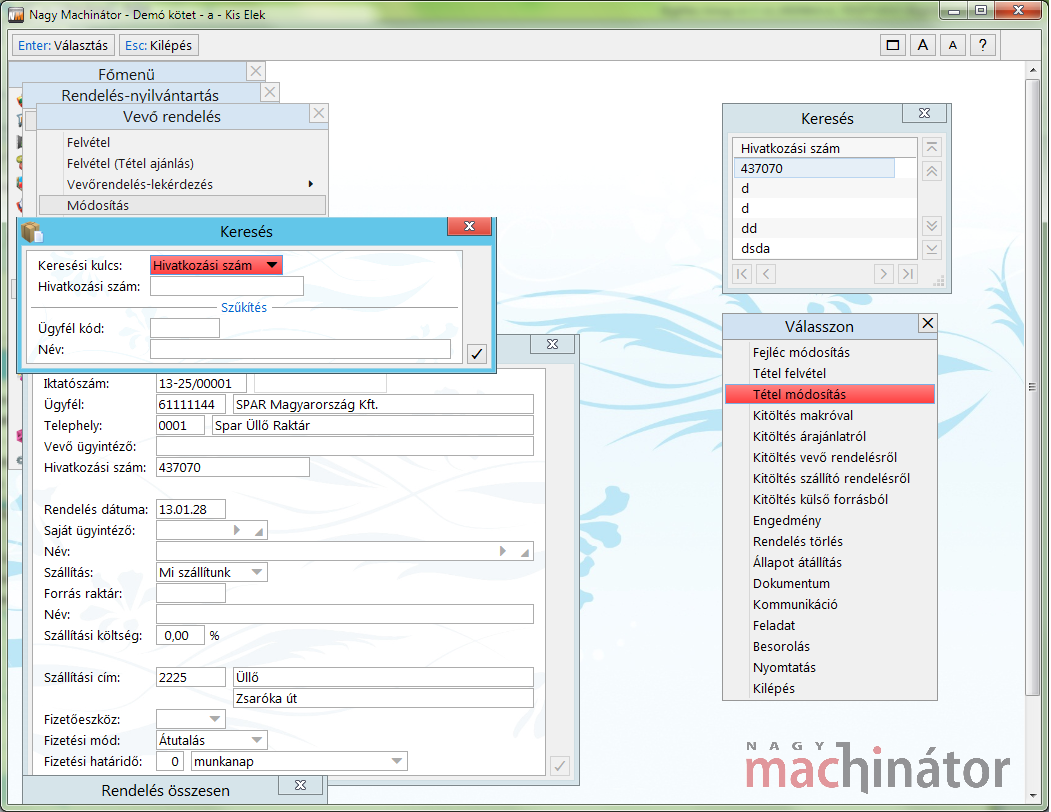 A beolvasott rendelés lekérdezése