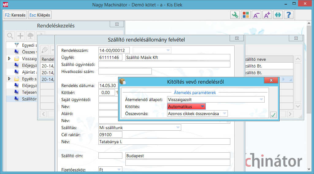 Szállítórendelés generálás &nbsp;párbeszéd ablaka