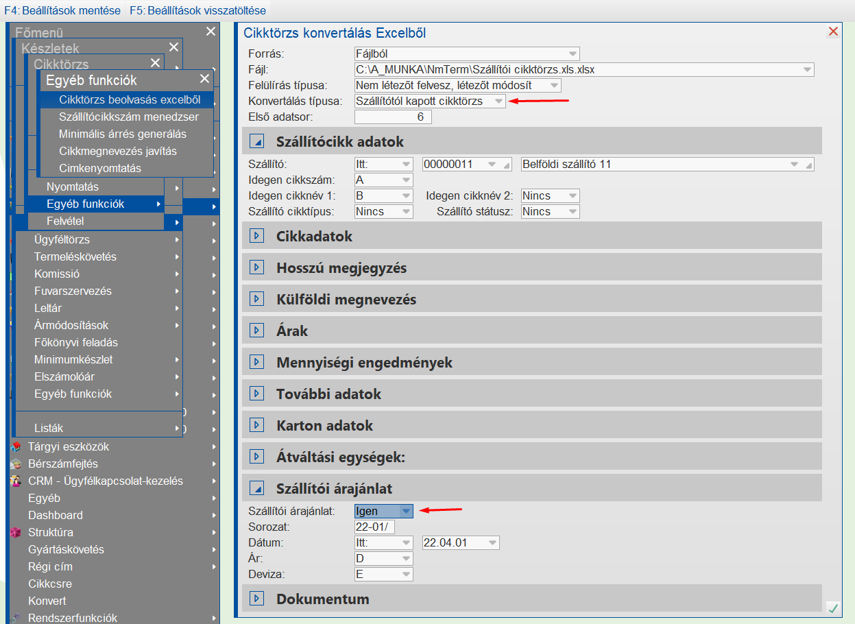 Szállítói ajánlat feltöltése excelből