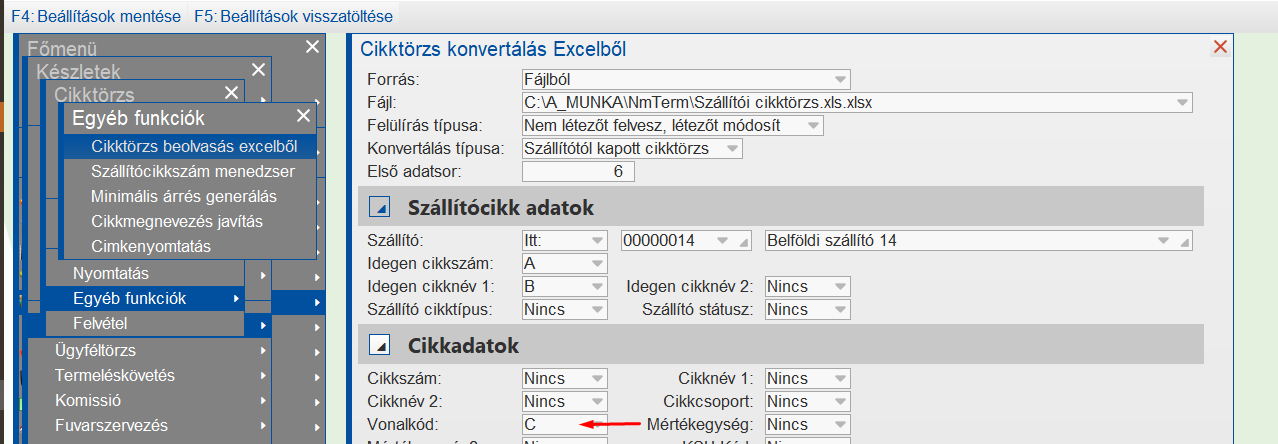 Cikktörzs beolvasás excelből funkció