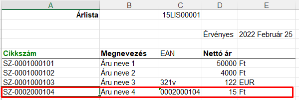 Exelben kapott árlista