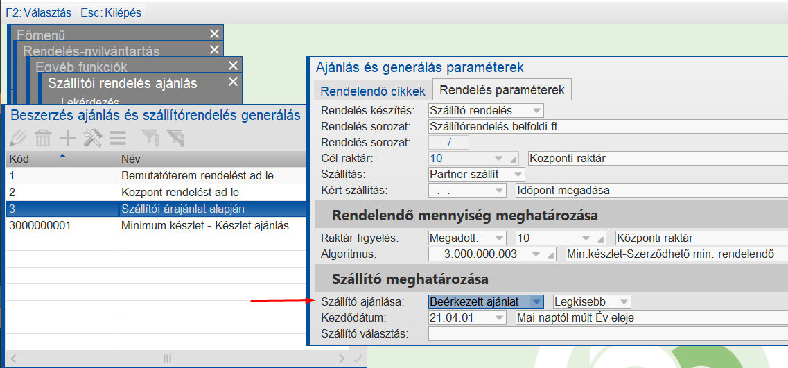 Szállítói árajánlás funkció paraméterezése