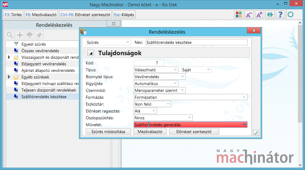 Szűrésváltozat felvétele - Szállítórendelés generálás művelet megadása