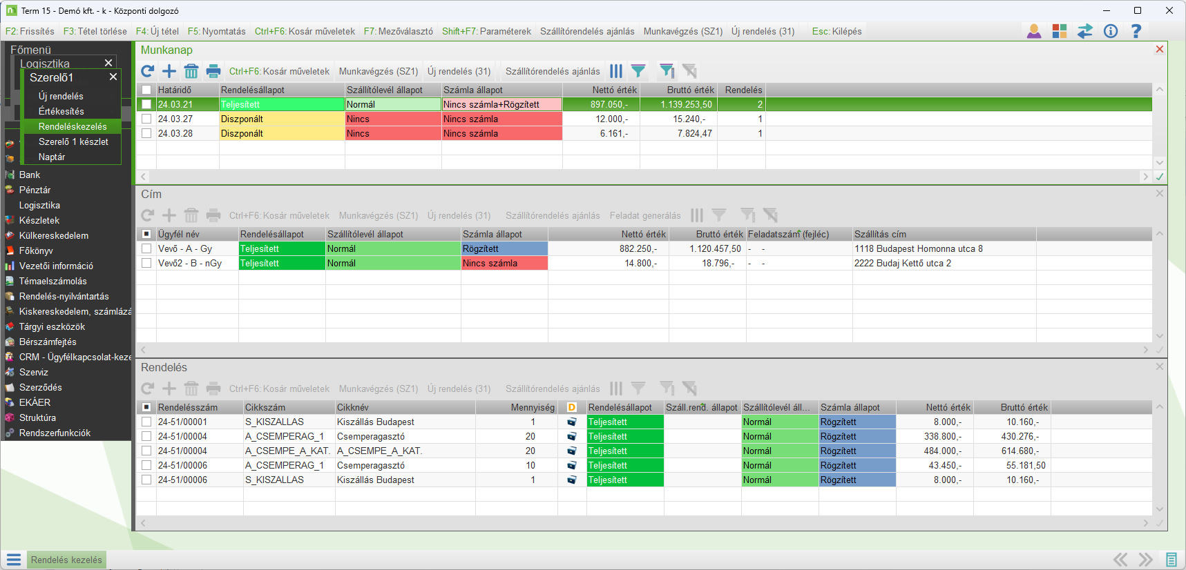 Rendeléskezelés funkció alkalmazási példa