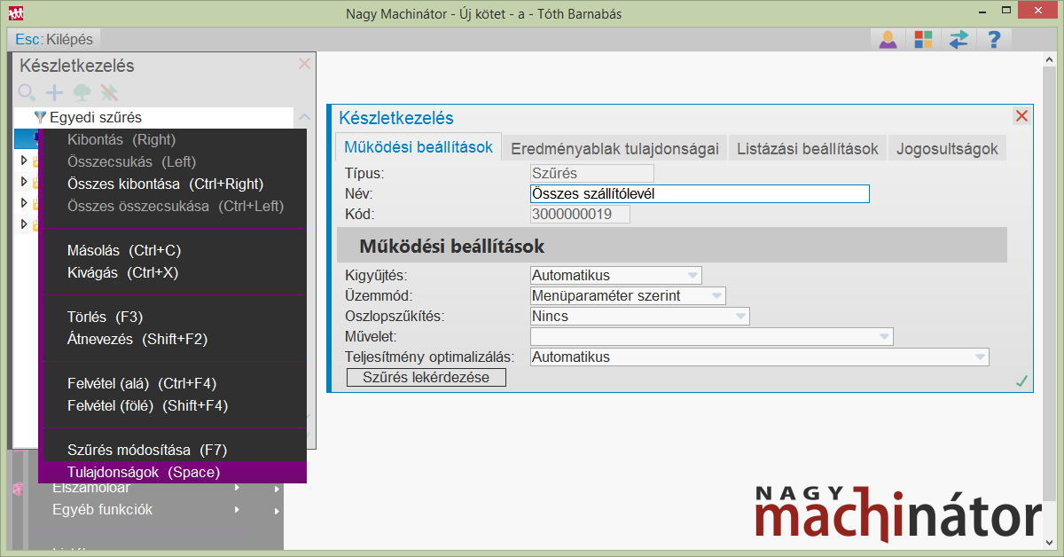 Szűréstulajdonság ablak