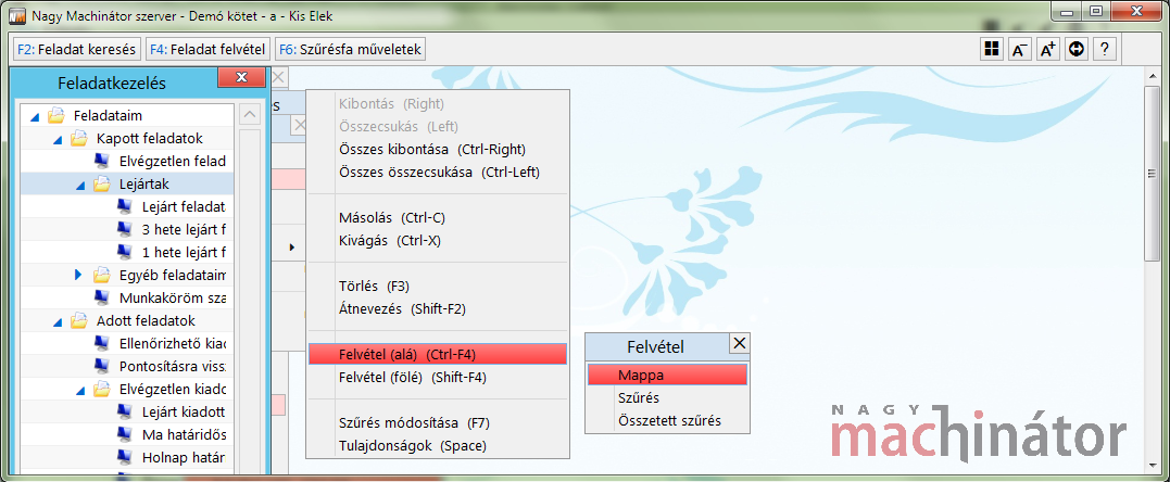 Szűrésfa elem típus megadása