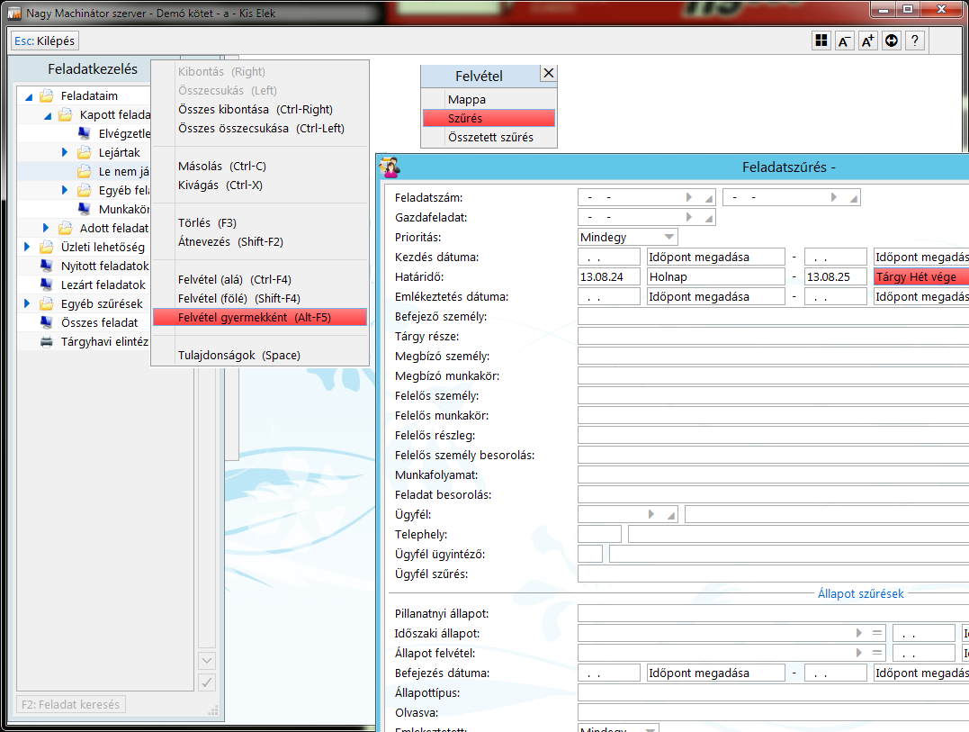 Szűrés felvétele - Szűrésablak