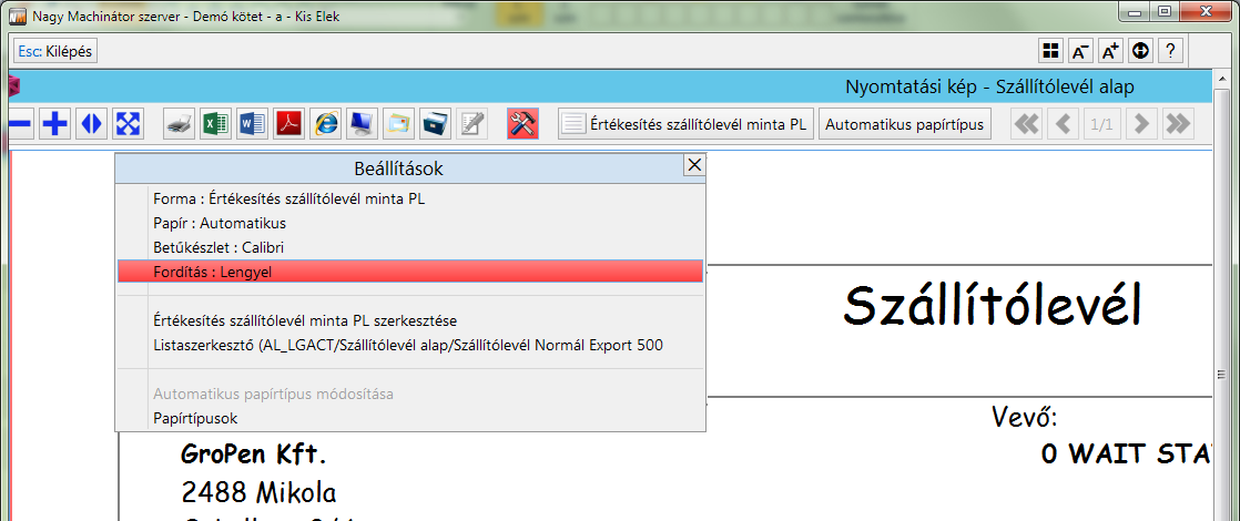 Nyelvválasztás nyomtatási képen
