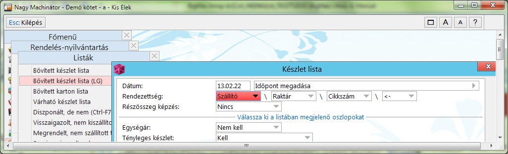 Bővített készletlista (LG) beviteli ablaka