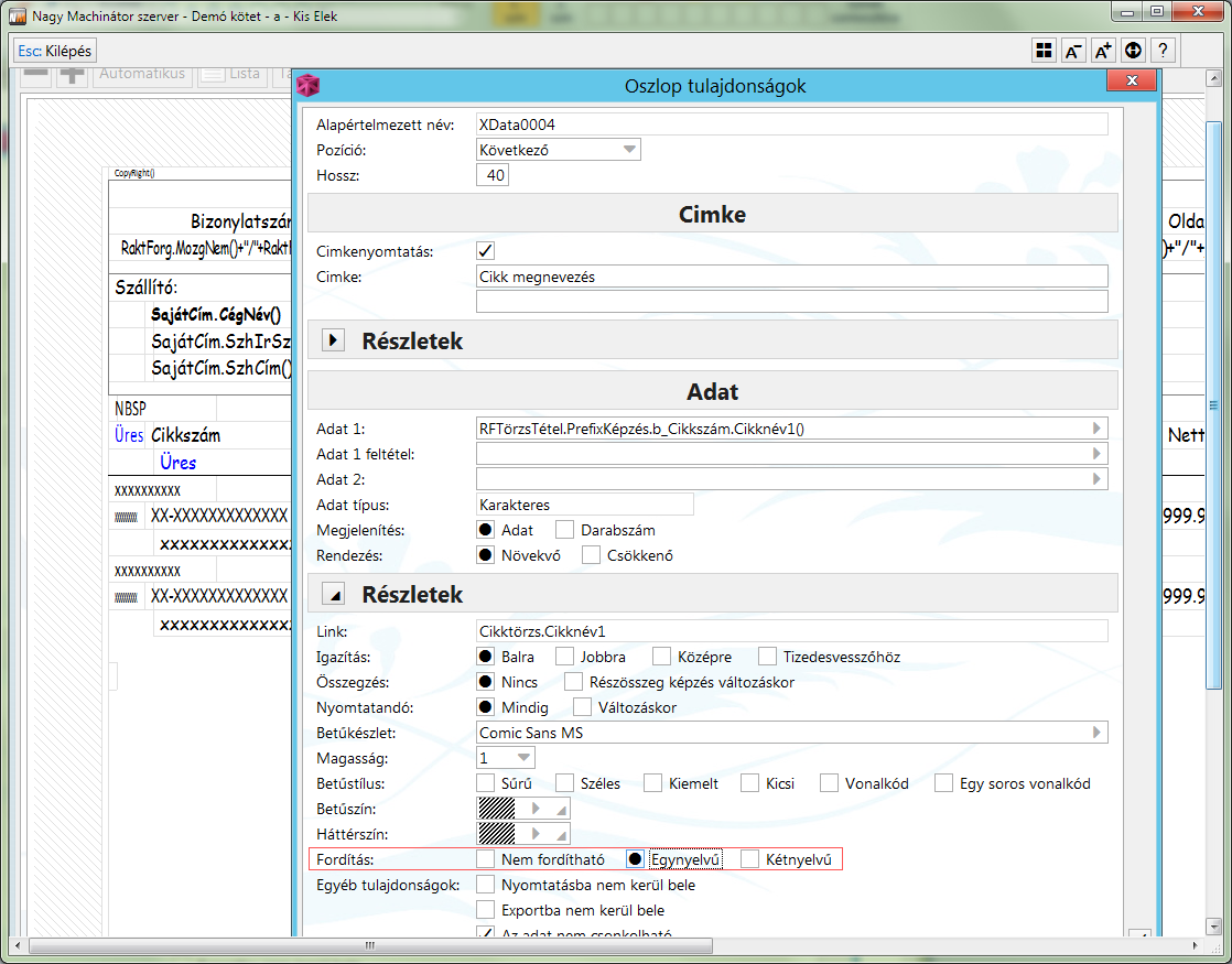 Oszlop tulajdonságokban a fordítás megadása