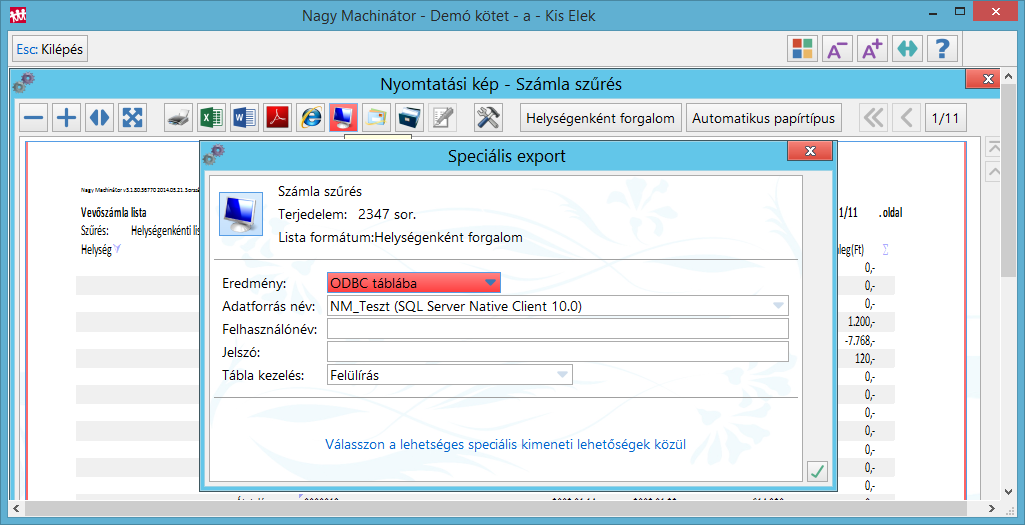 ODBC adatexport manuálisan