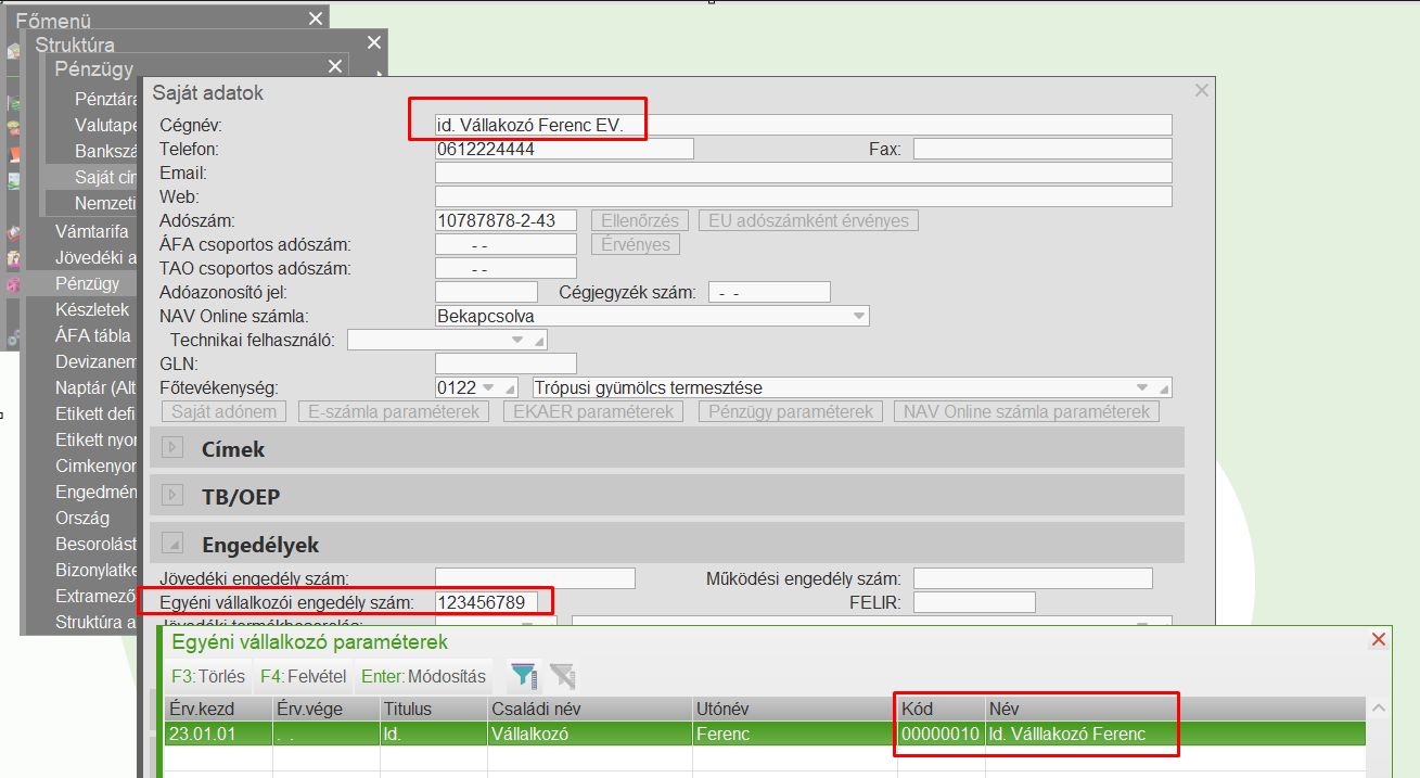 Egyéni válllakozó összekapcsolása a Személytörzzsel