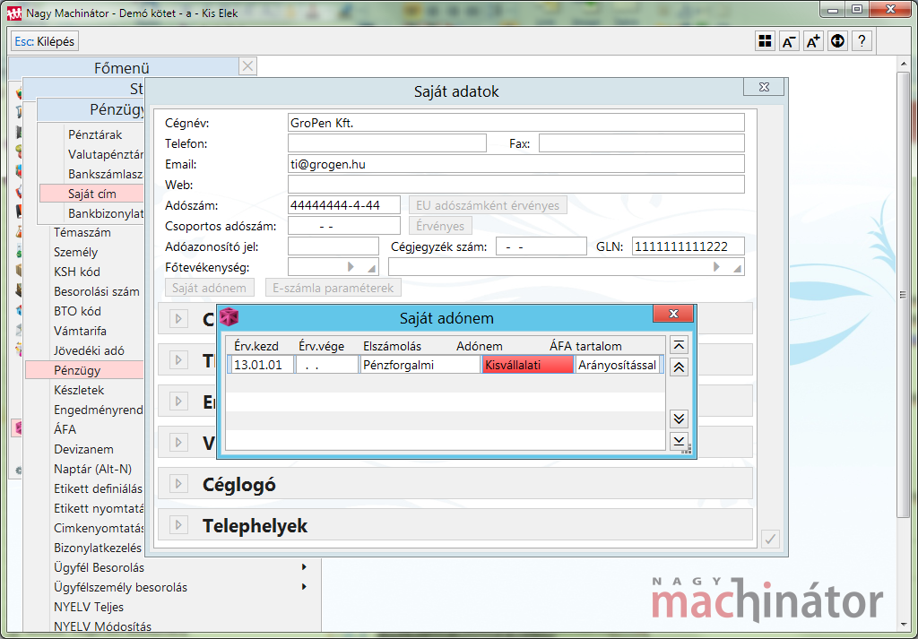 Kivállalati adónem beállítása a sajátadatokban