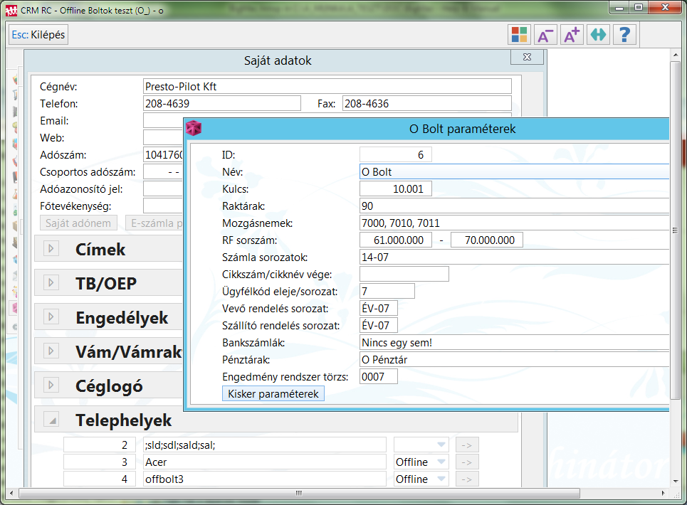 Telephely paraméterekben &nbsp;a Kiskereskedelem paraméterek nyomógomb