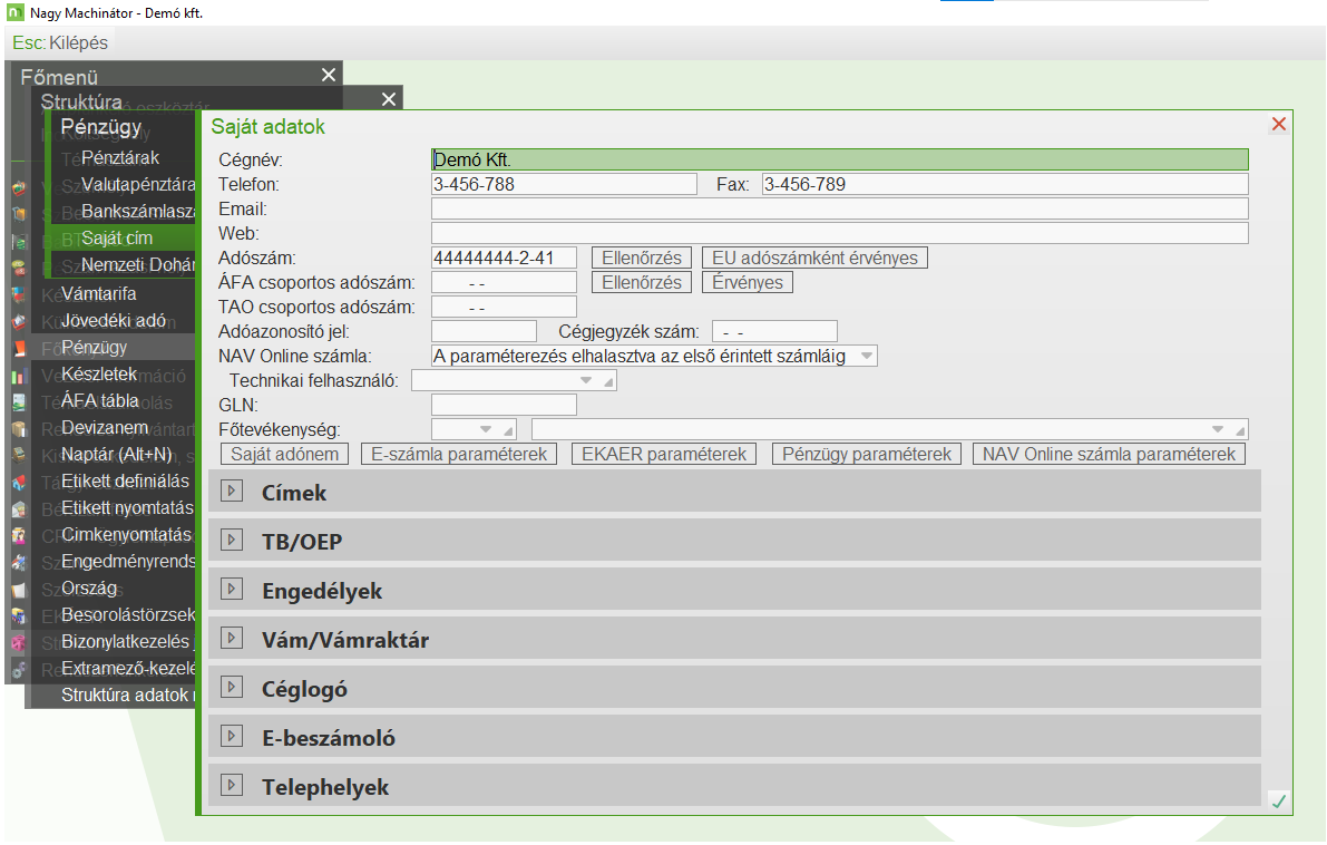 Telephely (bolt) paraméterek kitöltése