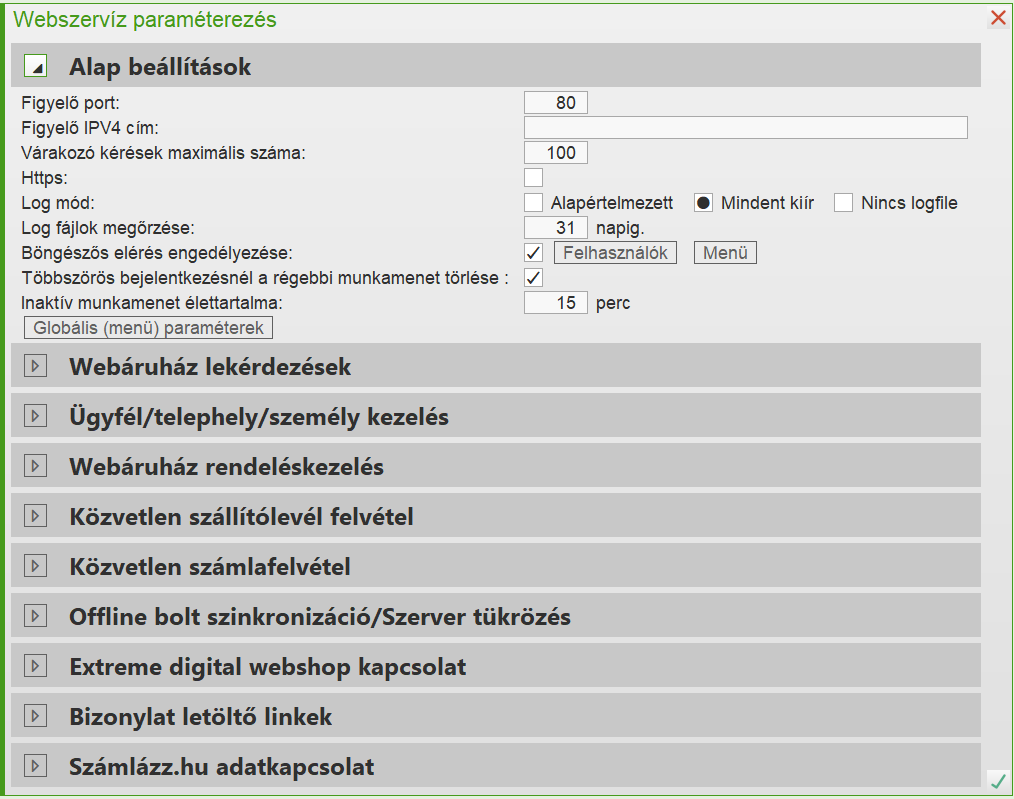 Webszerviz paraméterek beviteli ablak