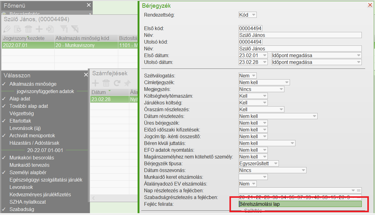 Bérjegyzék felirata