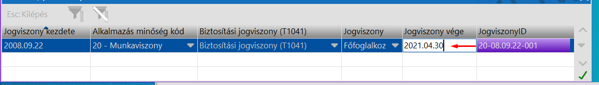 Jogviszony vége megadása