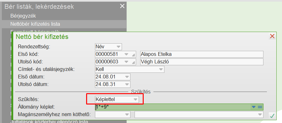 Állománykód megadása képlettel