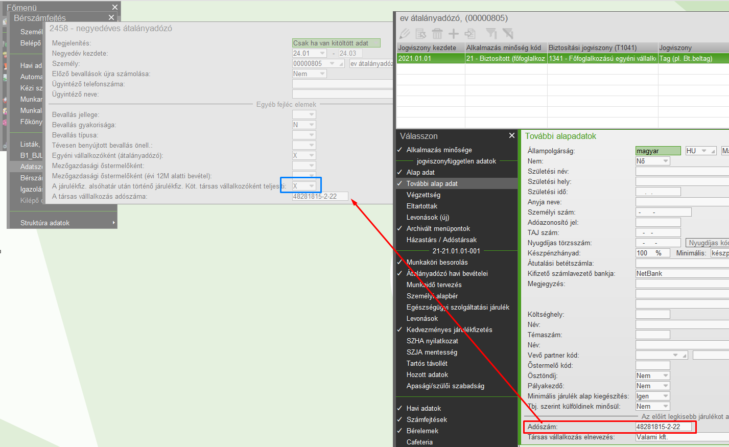 Adószám ajánlása Személy törzsből