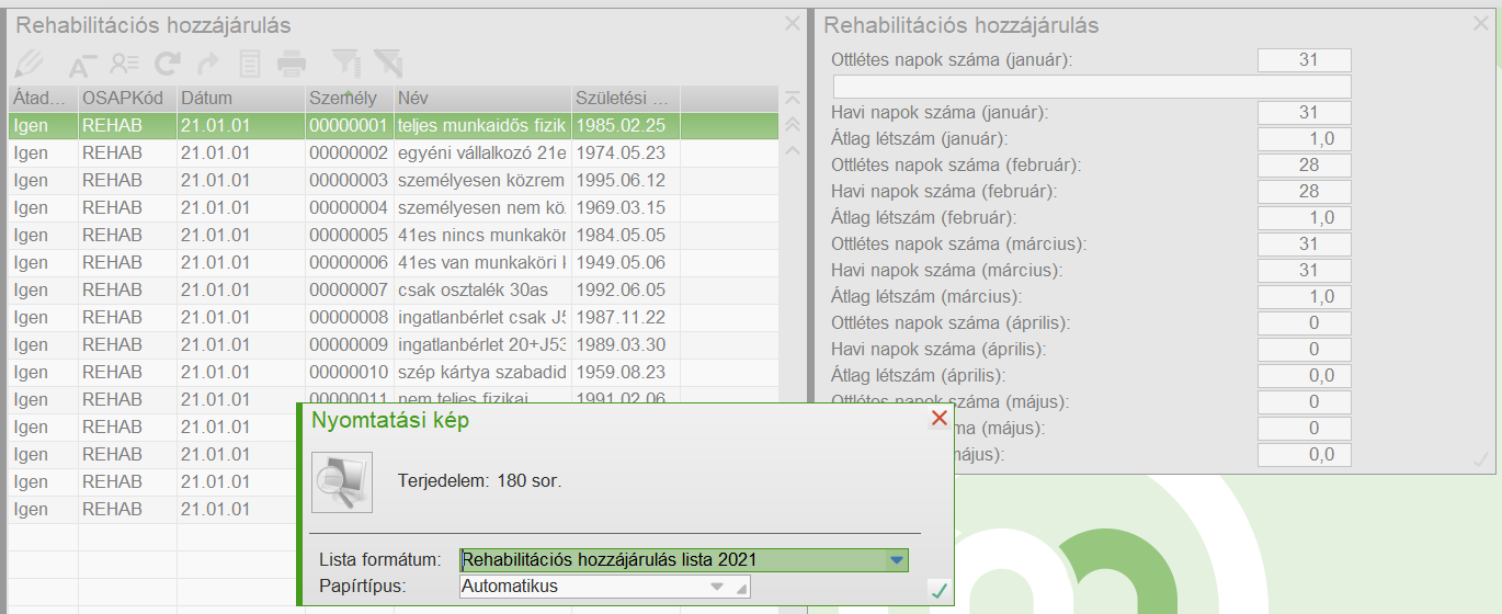 Rehabilitációs lista nyomtatása