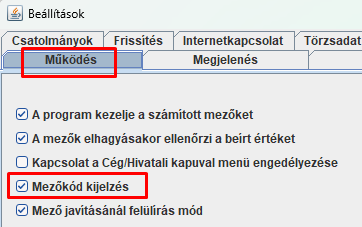 Mezőkód kijelzés bekapcsolása