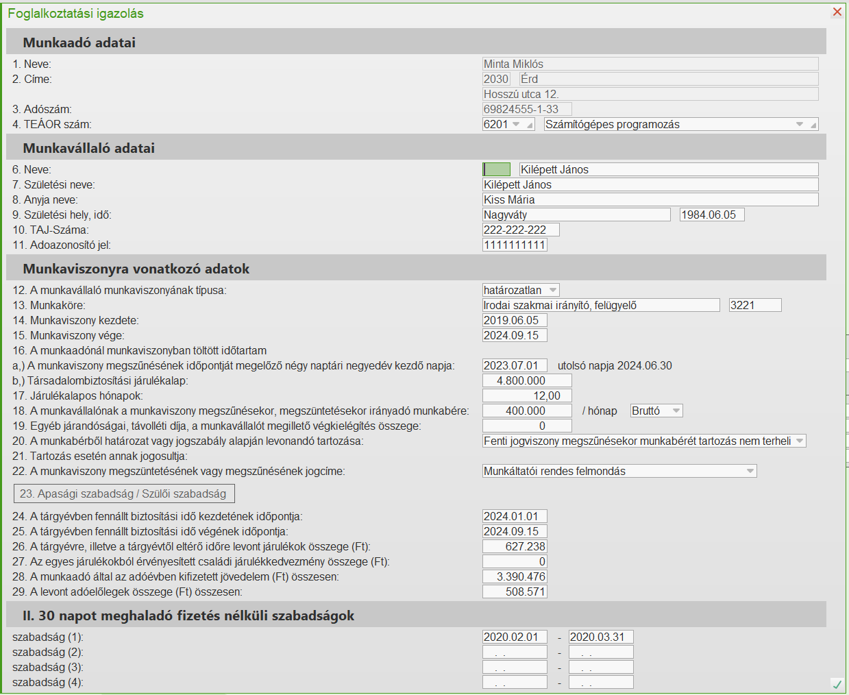 Foglalkoztatási igazolás inputablak