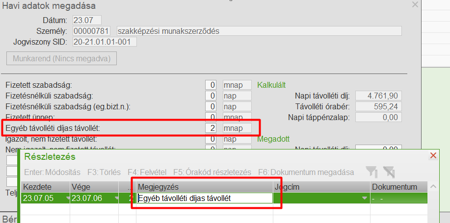 Egyéb távolléti díjas távollét megadása