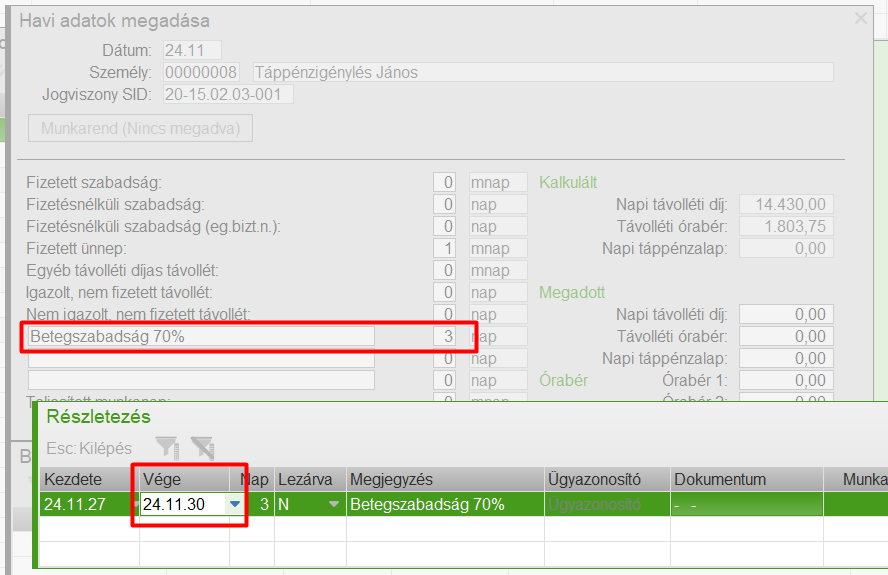 Novemberi havi adat rögzítése