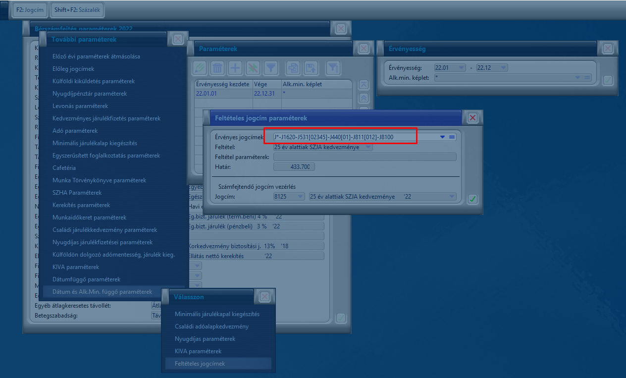 25 év alattiak SZJA kedvezménye a Számfejtés paraméterek / Dátum és alkmin függő paraméterek / Feltételes paraméterek blokkban