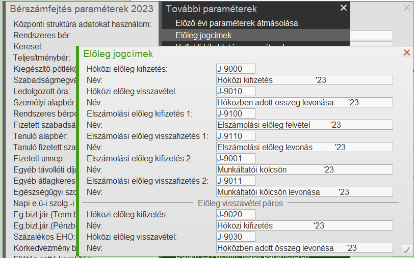 Számfejtés paraméterek - előleg jogcímek