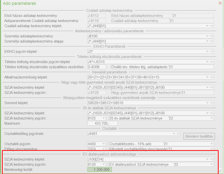 Átalányadózás SZJA kedvezménye az Adó paraméterekben
