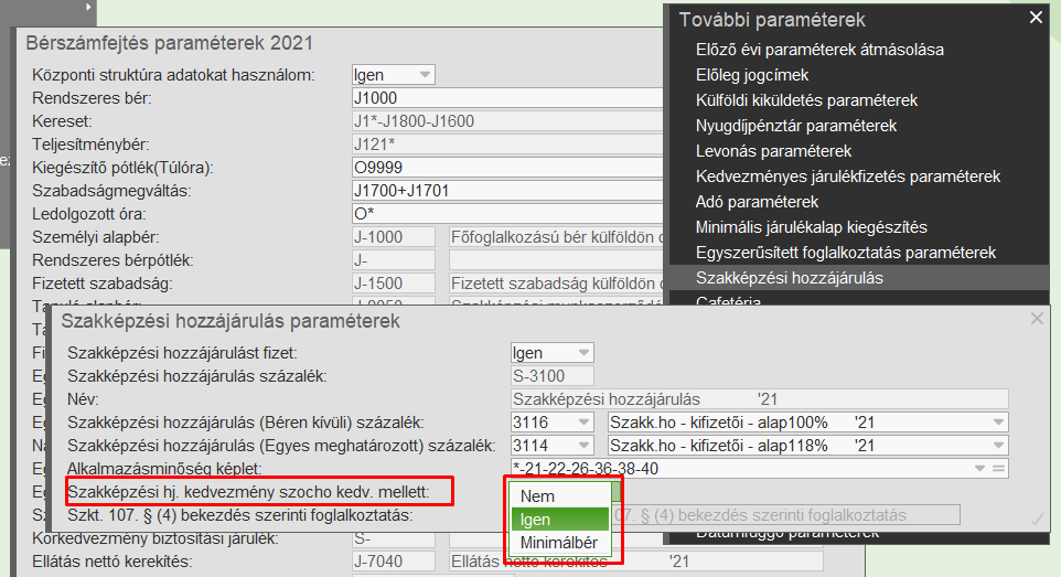 Szakképzési hozzájárulás paraméterek