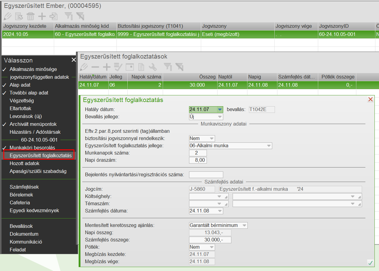 Egyszerűsített foglalkoztatás rögzítése