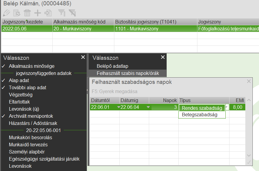 Felhasznált szabadság és betegszabadság rögzítése
