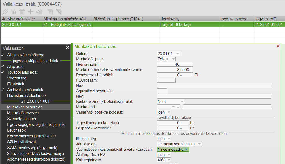 Munkaköri besorolás rögzítése