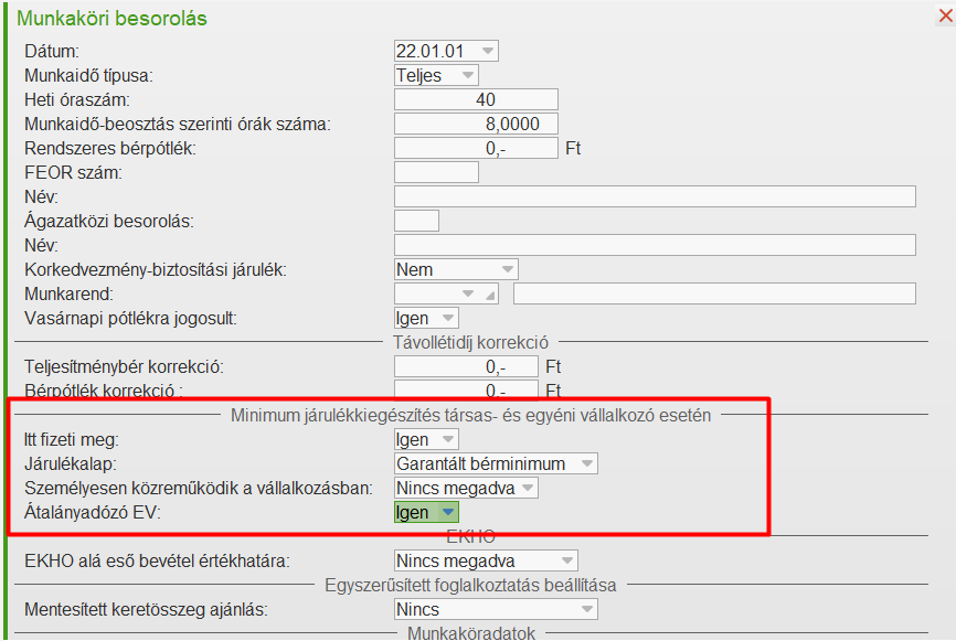 Minimumjárulékfizetésre és átalányadózásra vonatkozó beállítások