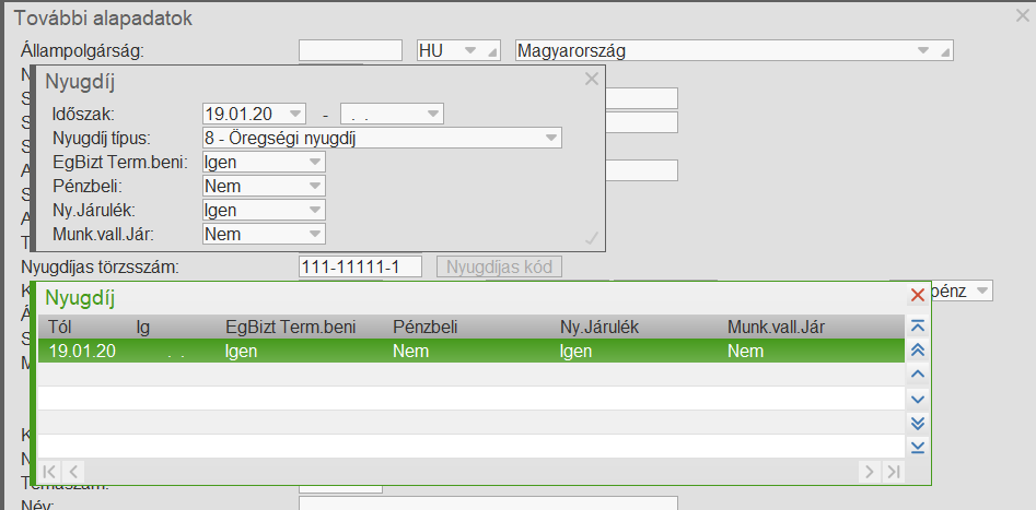 Nyugdíjas kód rögzítése