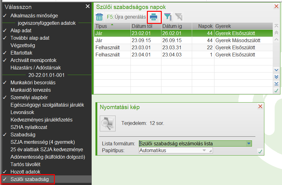 Szülői szabadság elszámolás nyomtatása