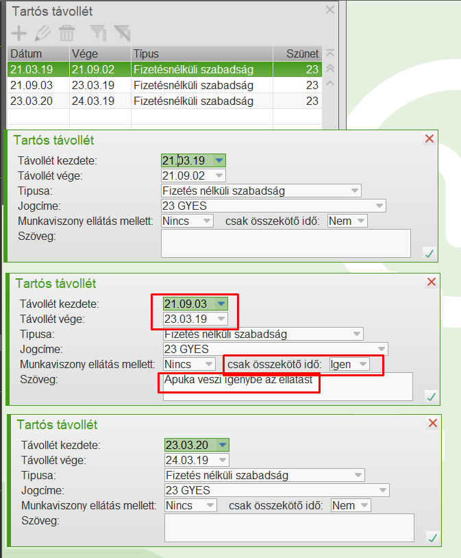 Tartós távollét rögzítése