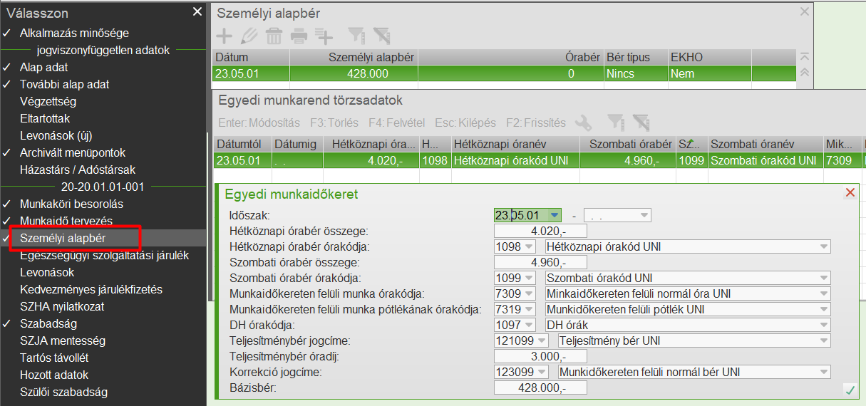 Személyi alapbérben törzsadatok bevitele