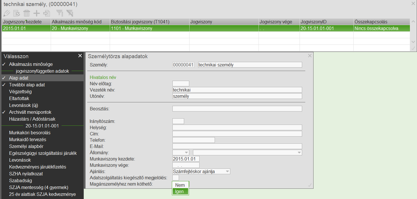 Technikai személy jelölése a személy törzsben