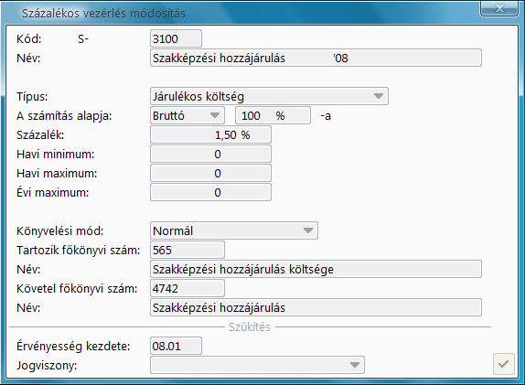 Szakképzési hozzájárulás százalékos vezérlés