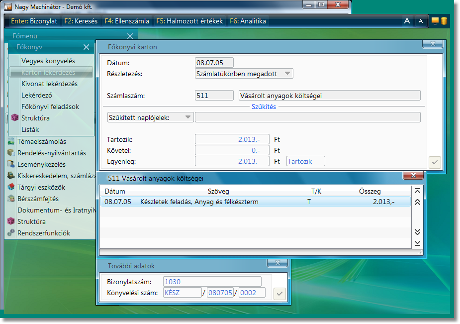 Főkönyvi karton lekérdezés