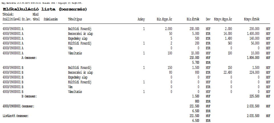 Előkalkuláció lista (Beszerzés)