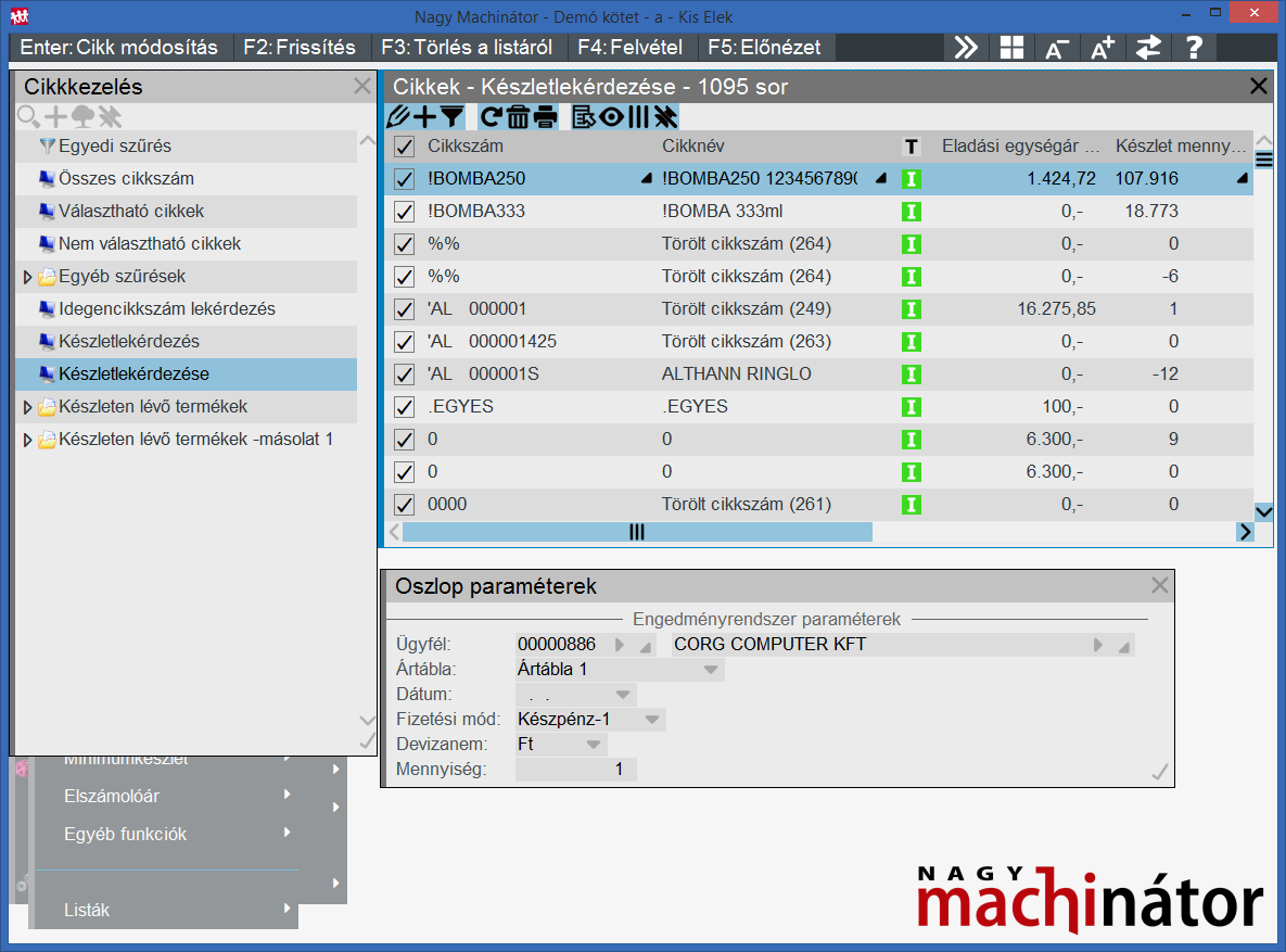 Árlekérdezés a cikkezelés funkcióban.