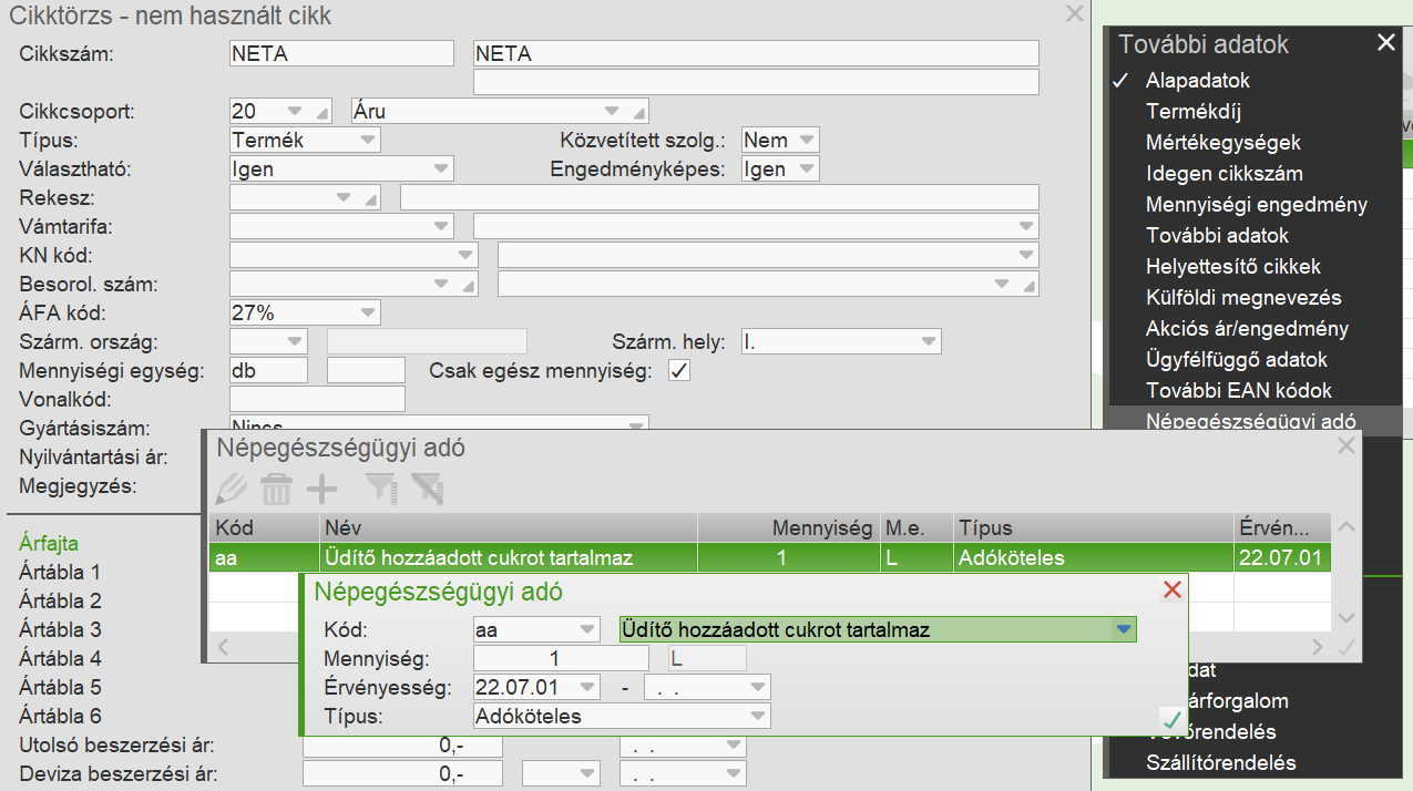 Cikktörzs Népegészségügyi termékadó megadás