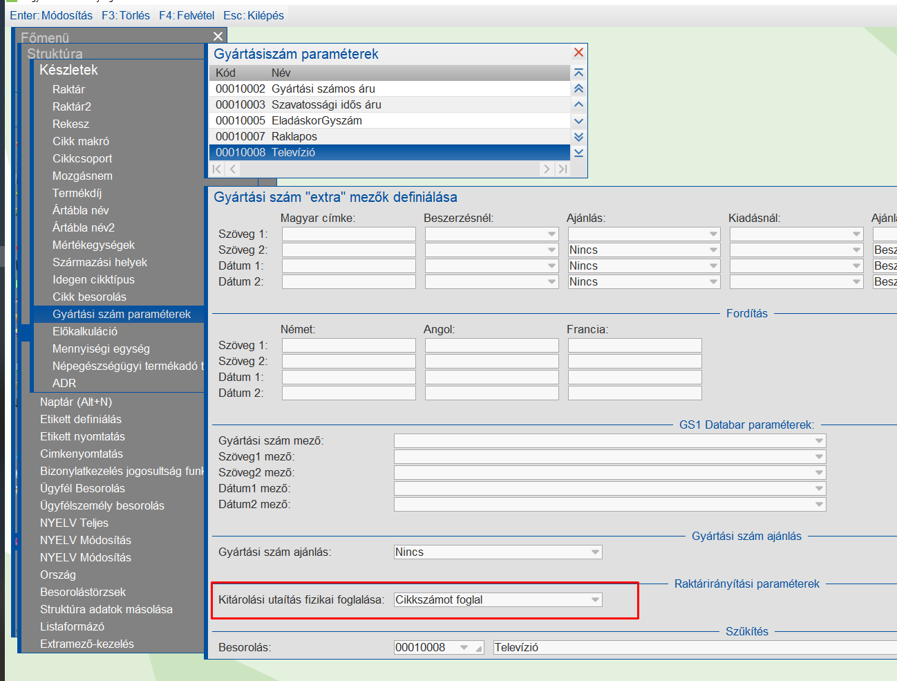 Gyártási szám paraméterek TV esetén