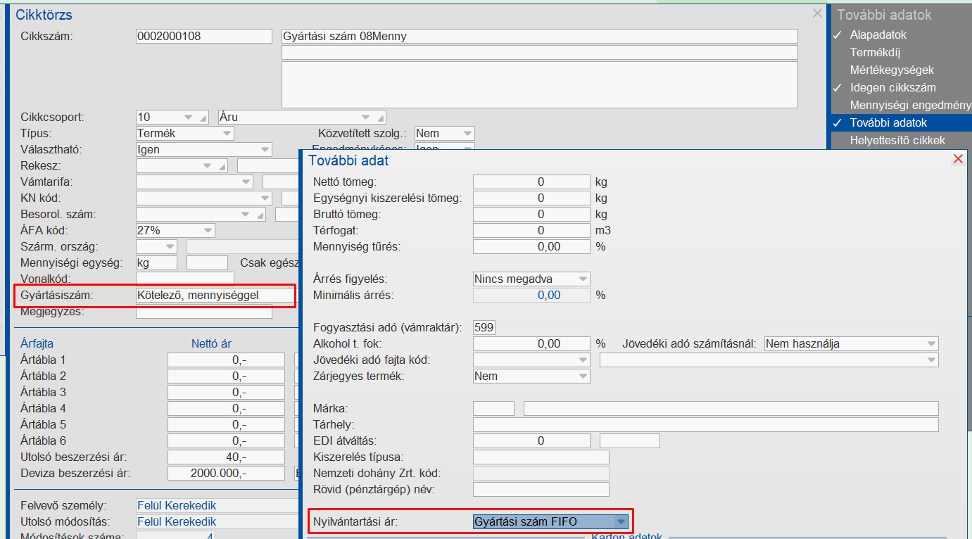 Gyártási szám FIFO aktiválása