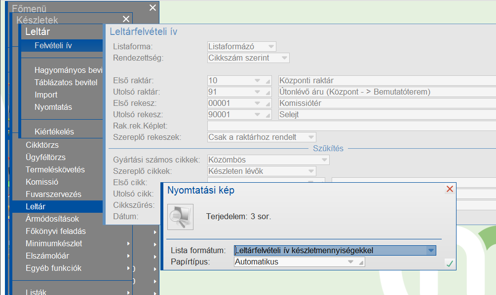 Leltárfelvételi ív készletmennyiséggel